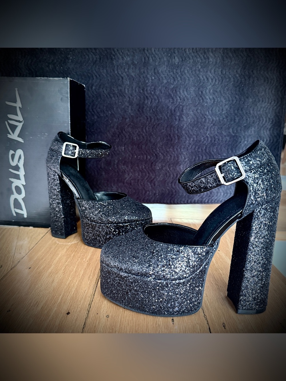 Dolls Kill Black Glitter Platform Ankle-Strap Heels - Halloween Goth Glam🖤sz 9